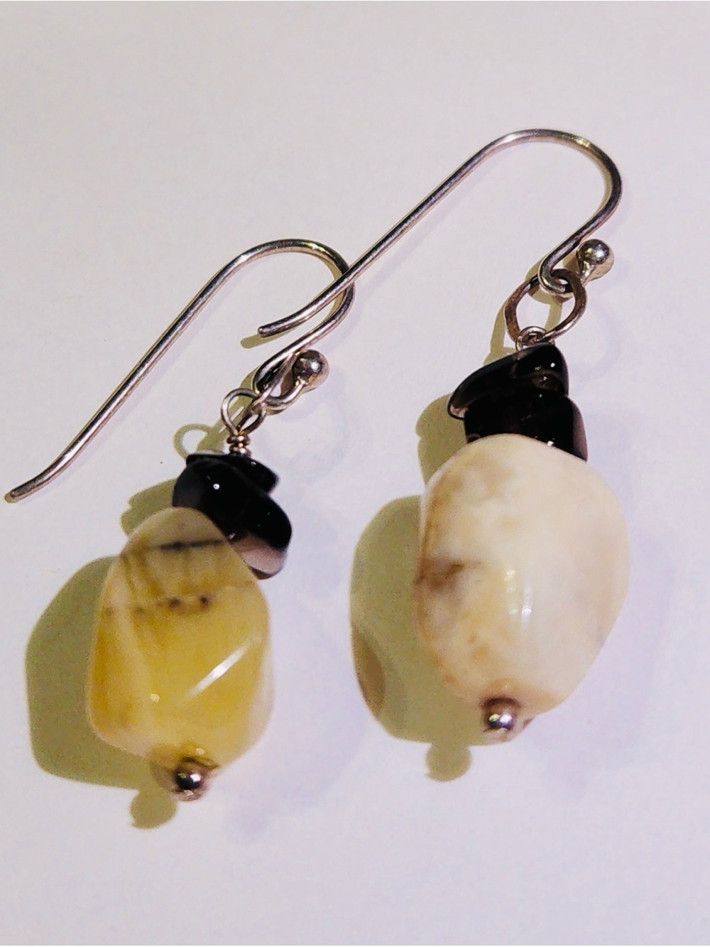 Artisan Made Sterling Silver Yellow Moss Agate  Obsidian Nugget Drop Earrings